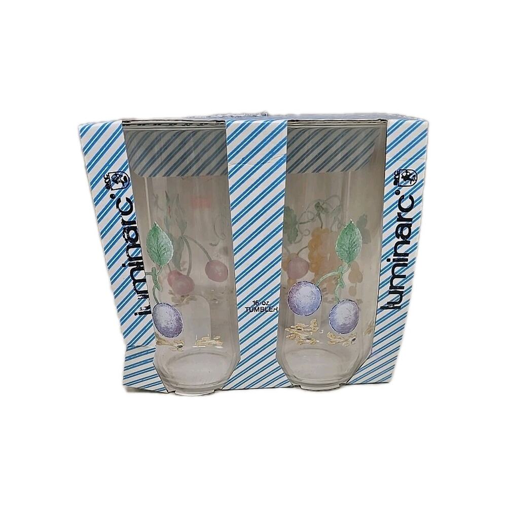Luminarc Vtg Glass Tumblers Set of 4 Grapes Cherry 16oz Iced Tea Drinking NIB